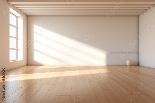 View of white empty room, a summer landscape 3D illustration epitomizes Scandinavian interior design, offering a sense of relaxation and calmness. Ideal for showcasing interior concepts. 