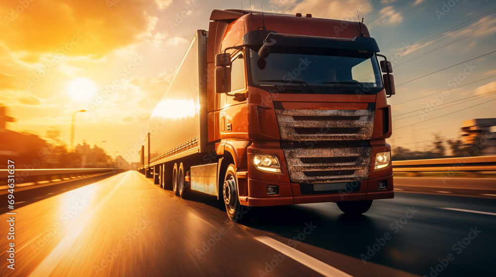 Extreme close up of a truck driving down a highway at sunny day