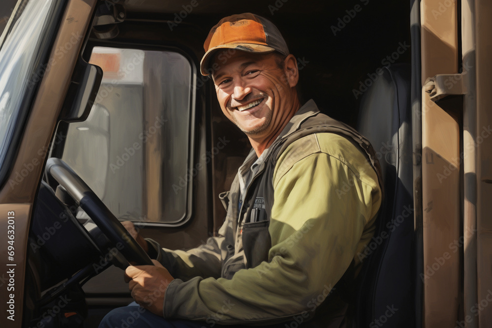 Smiling freight driver with truck