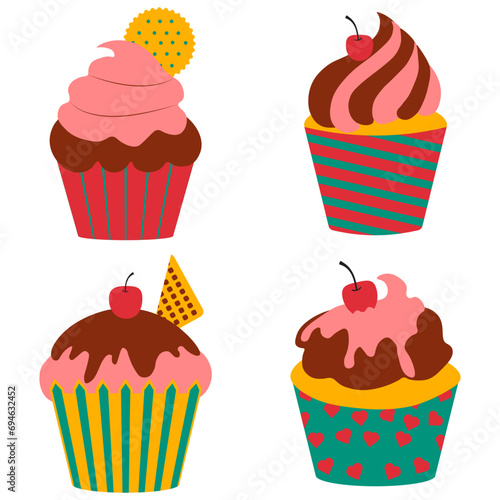 Cupcake Dessert With Cute Cartoon Design. Vector Illustration Set. 