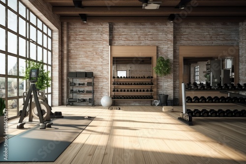 Interior of modern fitness studio with brick walls and wooden floor, 3d rendering, Fitness center interior, Gym, Modern gym interior with sport and fitness equipment photo