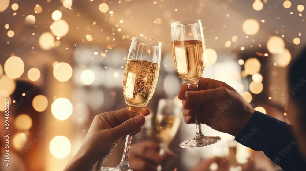 Celebration christmas or new years eve party. People holding glasses of champagne making a toast. Champagne with blurred background  Generative Ai