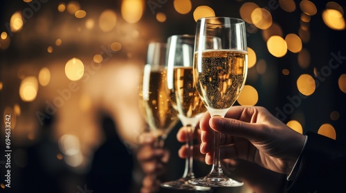 Celebration christmas or new years eve party. People holding glasses of champagne making a toast. Champagne with blurred background Generative Ai