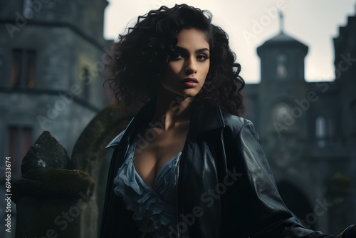 a dark woman dressed in elegant black leather fashion with a modern touch staying in front of a magnificent, dark, gloomy castle. generative AI