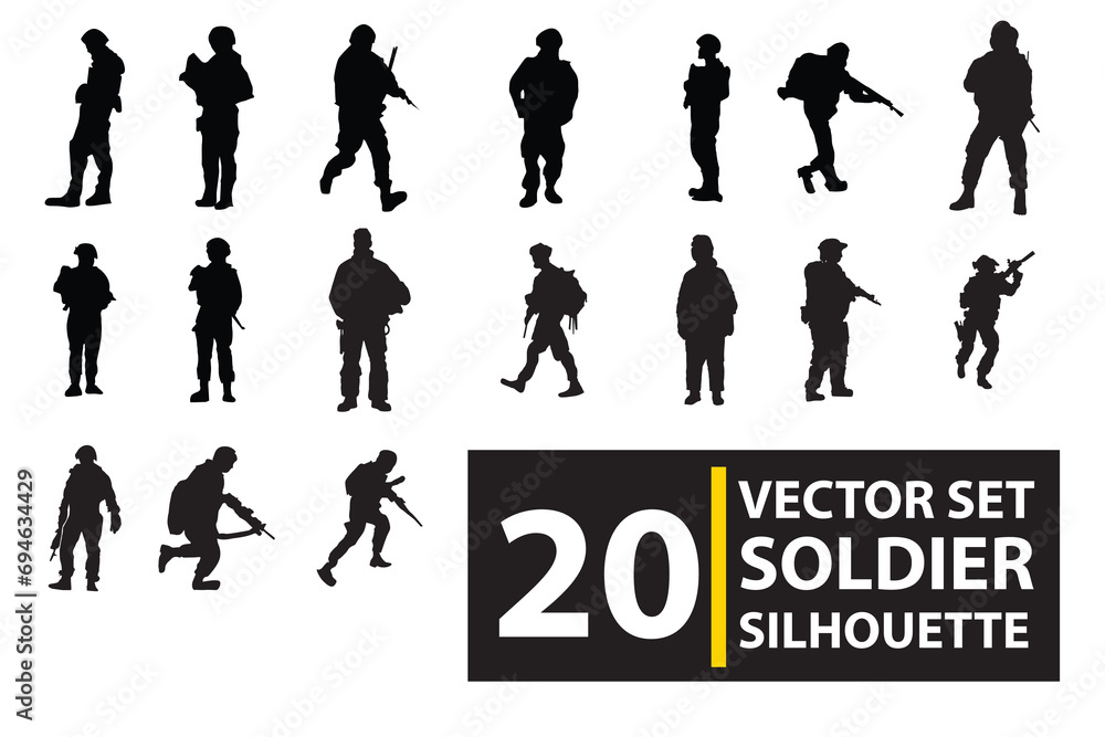 Obraz premium vector set of silhouettes of soldiers, people holding weapons, war soldiers. standing and stylish isolated with background