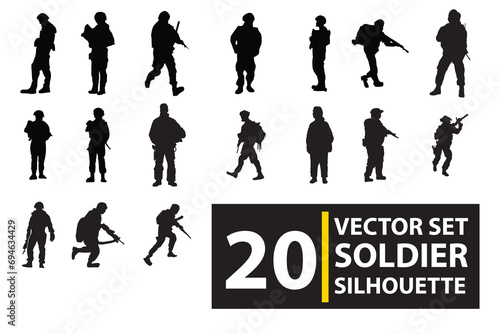 vector set of silhouettes of soldiers, people holding weapons, war soldiers. standing and stylish isolated with background