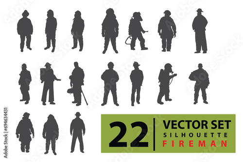 vector set of firefighter silhouettes, people holding fire extinguishers, human rescuers. standing and stylish isolated with background