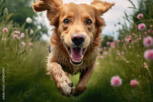 red golden retriever running through green grass with pink peonies