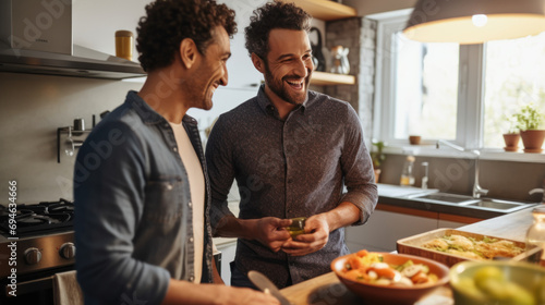 cheerful gay couple talking and having fun while cooking in a kitchen photo