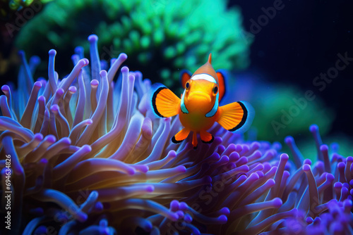 A macro photo of a bright orange clownfish