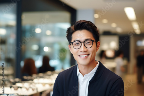 young smiling Korean man probing glasses in optician store photo