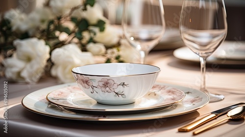 Elegant porcelain dinner set. Luxury ceramics tableware setting photo