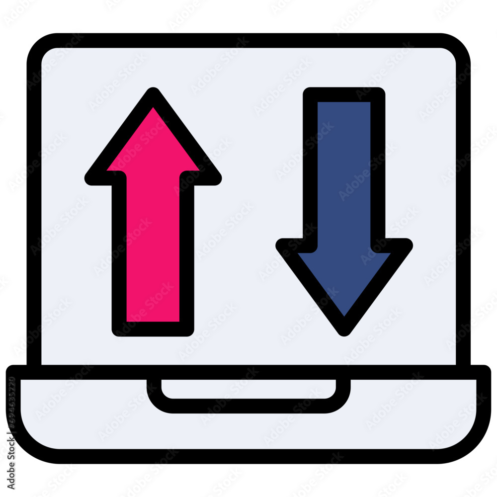 Laptop download and upload icon in outline flat design style Laptop download and upload icon in outline flat design style