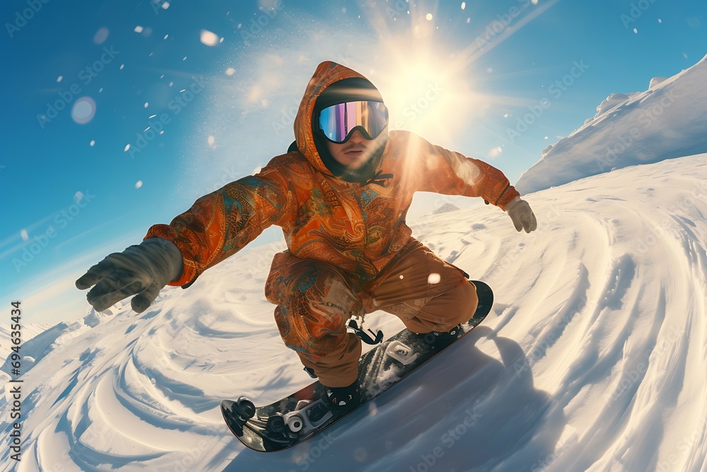 On the ski resort, the powerful Chinese boy slid down the hillside at a high speed, leaving a beautiful arc in the wind, fisheye photography,