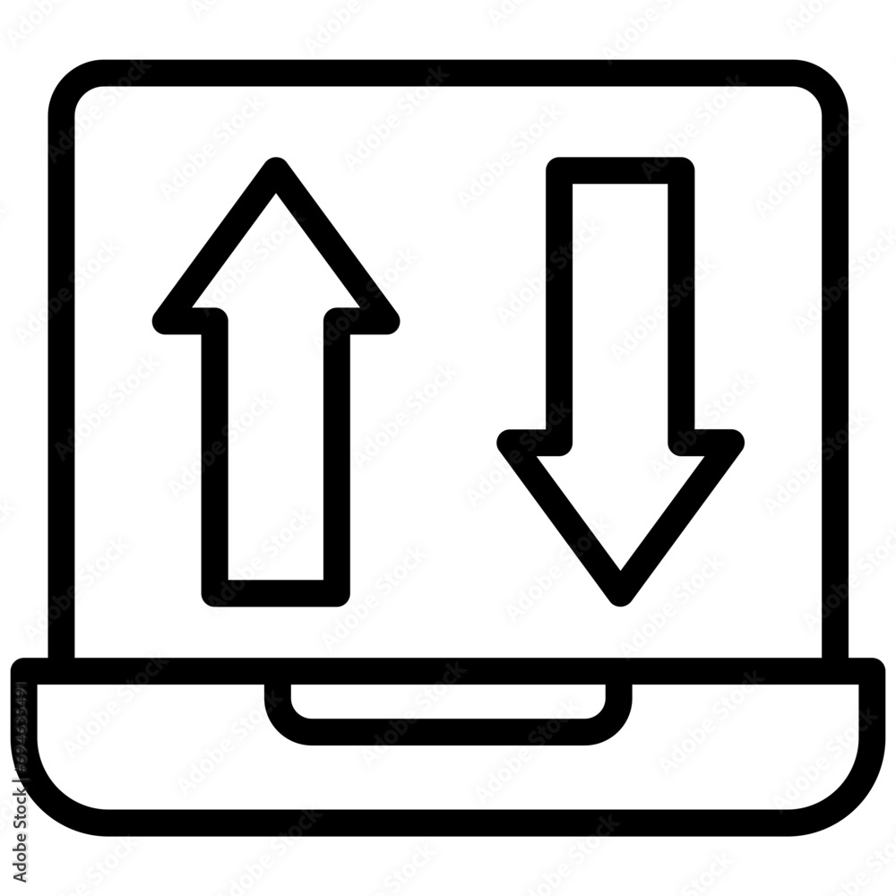 Laptop download and upload outline icon in black and white vector Laptop download and upload outline icon in black and white vector
