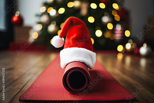 Christmas Fitness Inspiration Red Santa Hat on Yoga Mat with Festive Tree Background