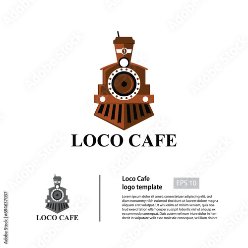 Loco Cafe logo template with an old train and a coffee cup above as a chimney.