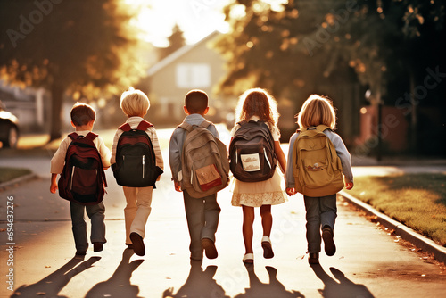 Group of young children walking together in friendship, back-to-school concept .