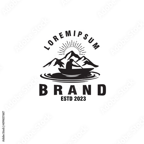 vintage mountain boat ocean logo design vector template illustration