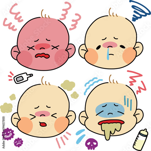 体調不良で具合の悪い赤ちゃんのイラスト　まとめ　セット