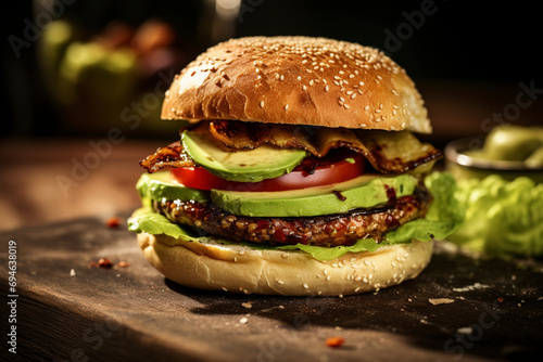 A close-up view of a California-style avocado burger served on a wooden table. (Generative AI)