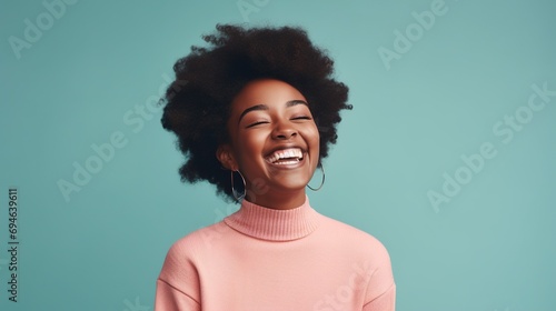 Laughing Black Girl isolated on Minimalist Background. DEIB, Diversity, Equity, Inclusion, Belonging 