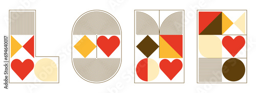 Abstract geometric bauhaus lettering Love. Heart, circle and other primitive forms, shapes. Modern flat style. Primitive vector illustration