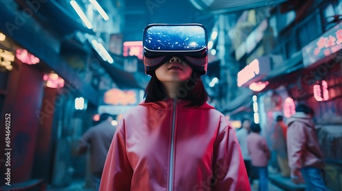 girl wearing virtual reality glasses in a colorful virtual world. Future technology concept photo