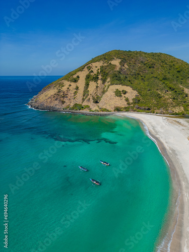 Aerial view of Mawun Beach in central Lombok in daylight. Indonesia