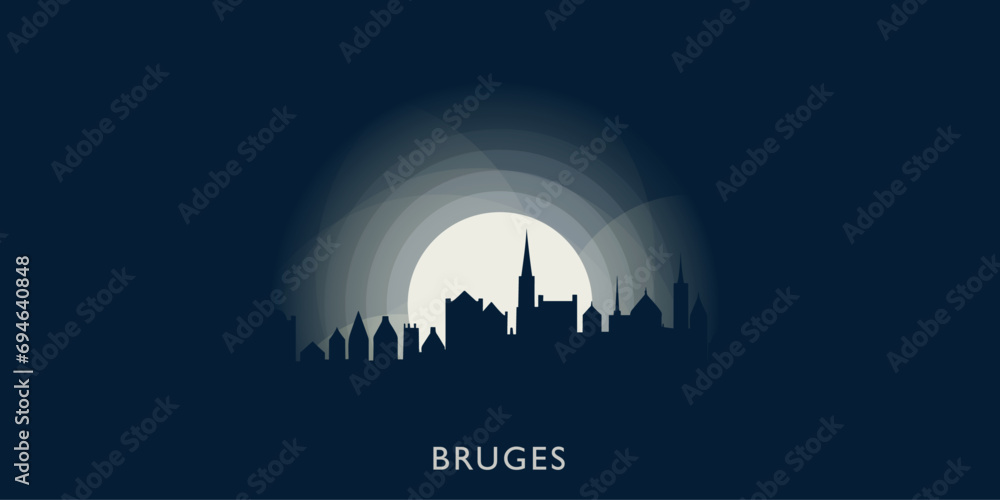 Obraz premium Bruges cityscape skyline city panorama vector flat modern banner illustration. Belgium, Flanders region emblem idea with landmarks and building silhouettes at sunrise sunset night