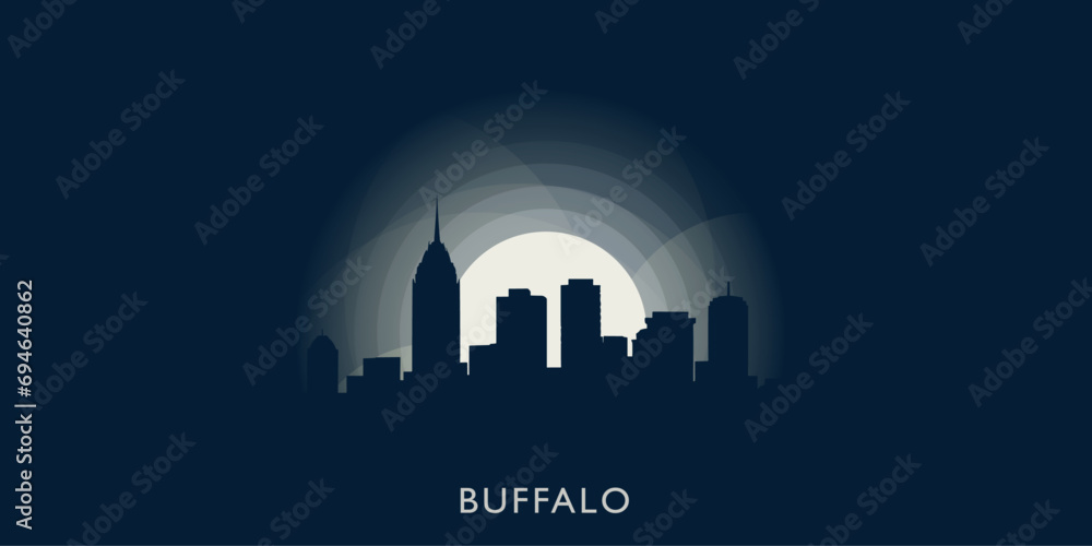 USA United States Buffalo cityscape skyline city panorama vector flat modern banner illustration. US New York state emblem idea with landmarks and building silhouette at sunrise sunset night