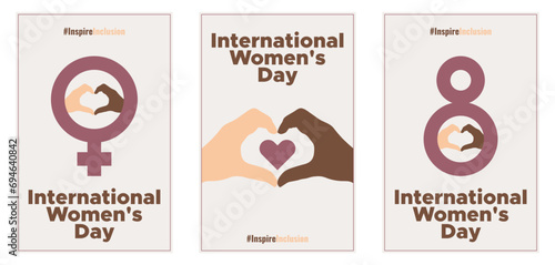 International Women's Day concept holiday. 8 march. Campaign 2024 #inspireinclusion. Set template for banner, card, poster, background. Flat vector illustration