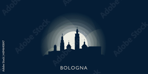 Bologna cityscape skyline city panorama vector flat modern banner illustration. Italy, Emilia-Romagna region emblem idea with landmarks and building silhouettes at sunrise sunset night