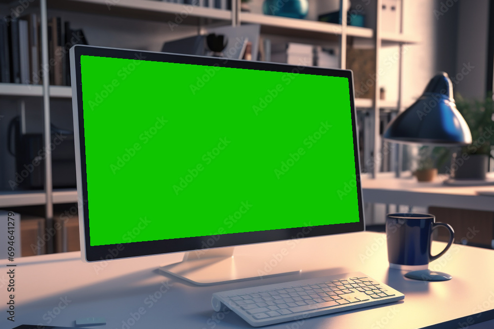 work desk with green screen monitor work desk with green screen monitor