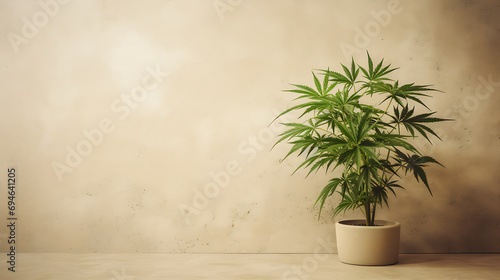 Beautiful summer minimal of plant in sunlight with long shadows on beige wall background,