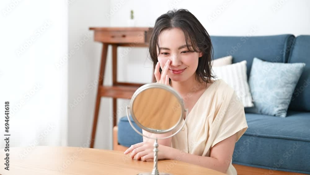 Animation of the upper body of a young woman checking and worrying about acne, skin care and skin tone in the mirror at home. Animation of the upper body of a young woman checking and worrying about acne, skin care and skin tone in the mirror at home.