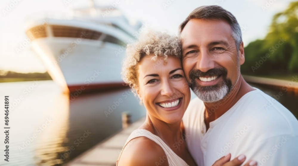 Obraz premium Happy Couple On Shore in Front of Cruise Ship While on Vacation.