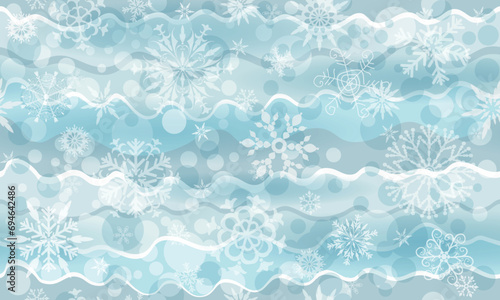 Vector seamless blue winter pattern with vintage snowflakes iand waves and bokeh n retro style