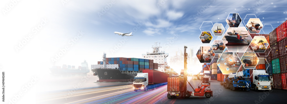 Smart technology concept with global logistics partnership Industrial Container Cargo freight ship, internet of things Concept of Transportation and logistic network distribution growth - obrazy, fototapety, plakaty 