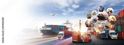 Smart technology concept with global logistics partnership Industrial Container Cargo freight ship, internet of things Concept of Transportation and logistic network distribution growth