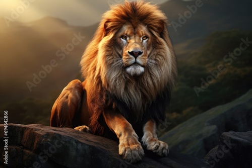 Majestic Lion with Beautiful Mane Sitting on Massive Rock in Striking Lighting © Александр Раптовый