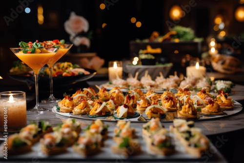 Buffet food catering food party at restaurant mini canapes snacks and appetizers