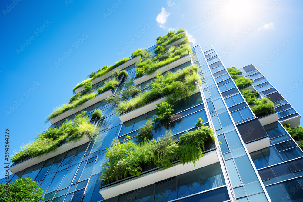 Eco-friendly building in the modern city. Sustainable glass office building with tree for reducing carbon dioxide. Office building with green environment. Corporate building reduce CO2. Eco-friendly building in the modern city. Sustainable glass office building with tree for reducing carbon dioxide. Office building with green environment. Corporate building reduce CO2.