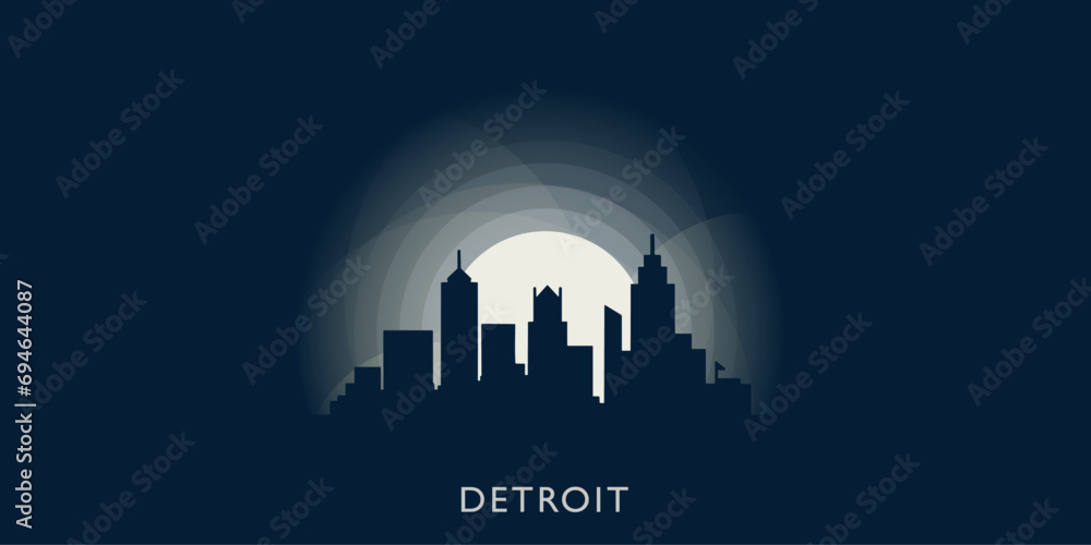 Fototapeta premium USA United States Detroit cityscape skyline city panorama vector flat modern banner illustration. US Michigan state emblem idea with landmarks and building silhouette at sunrise sunset night