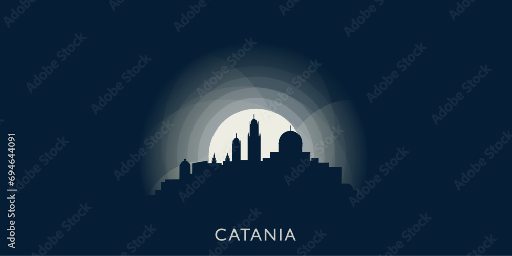 Catania cityscape skyline city panorama vector flat modern banner illustration. Italy, Sicily region town emblem idea with landmarks and building silhouettes at sunrise sunset night
