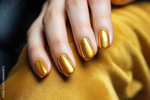 Woman hand with marigold yellow nail polish on her fingernails. Golden nail manicure with gel polish at a luxury beauty salon. Nail art and design. Female hand model. French manicure. photo