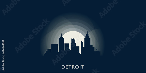USA United States Detroit cityscape skyline city panorama vector flat modern banner illustration. US Michigan state emblem idea with landmarks and building silhouette at sunrise sunset night photo