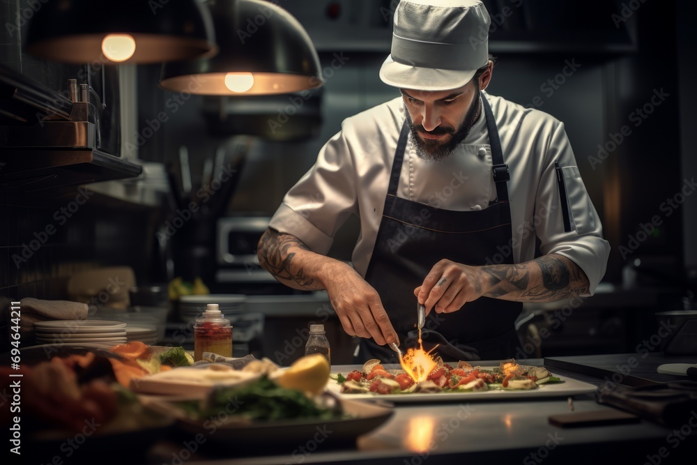 A chef is plating a dish in the kitchen	
