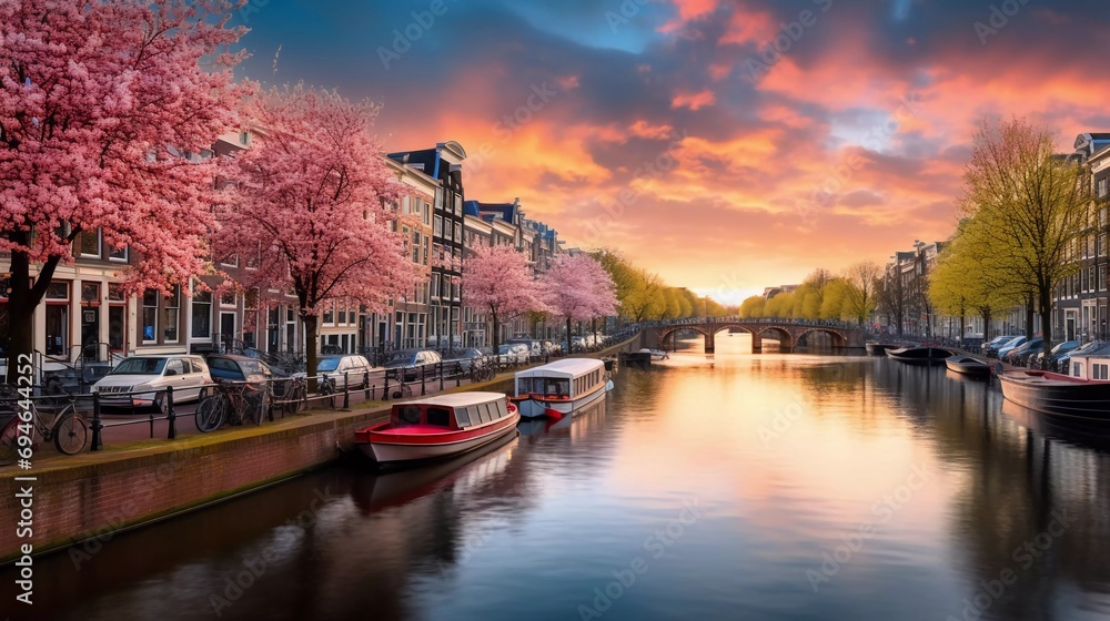 
photo reality Colorful spring sunset on Amsterdam canals. Original Dutch architecture in the capital, a very impressive view