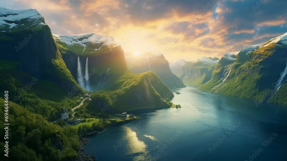 reality photo Beautiful summer sunset in the fjord canyon Sunnylvsfjorden, location of the village of Geiranger, western Norway, a very stunning view - obrazy, fototapety, plakaty 